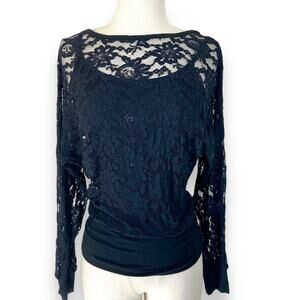 Venus black lace keyhole top, Long sleeve lacy knot open back blouse & camisole